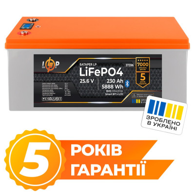 Акумулятор LogicPower LP LiFePO4 25,6V - 230 Ah (5888Wh) (BMS 200A/100А) пластик LCD Smart BT Акумулятор LogicPower LP LiFePO4 25,6V - 230 Ah (5888Wh) (BMS 200A/100А) пластик LCD Smart BT